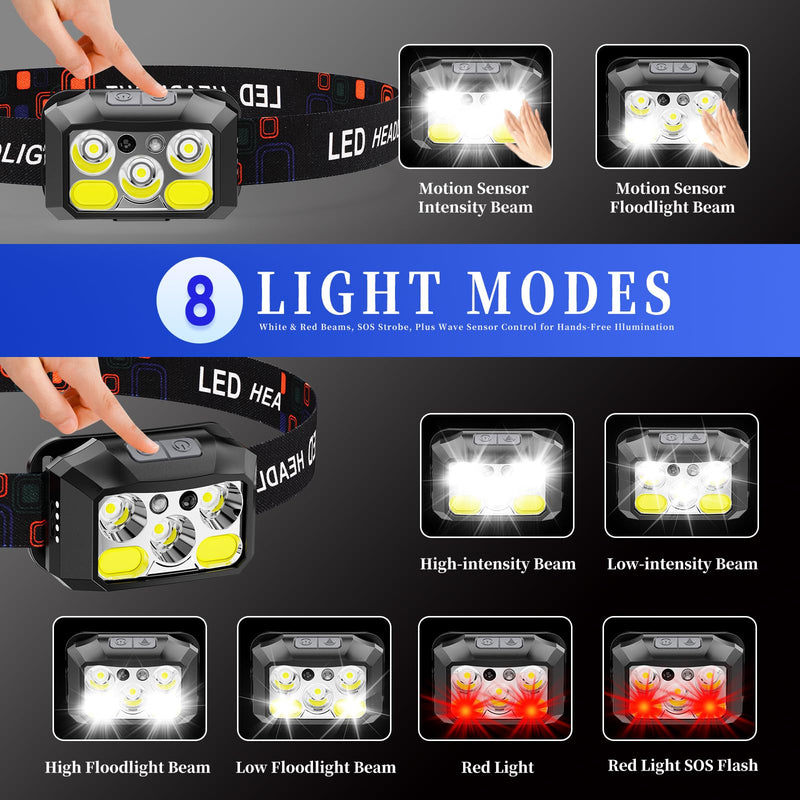 Rechargeable LED Headlamp 3-Pack, 800 Lumens, USB-C, IPX4 Waterproof, 8 Modes, Red & White Light — Lightweight, Adjustable; for Camping, Hiking, Running, Fishing & Repairs Black