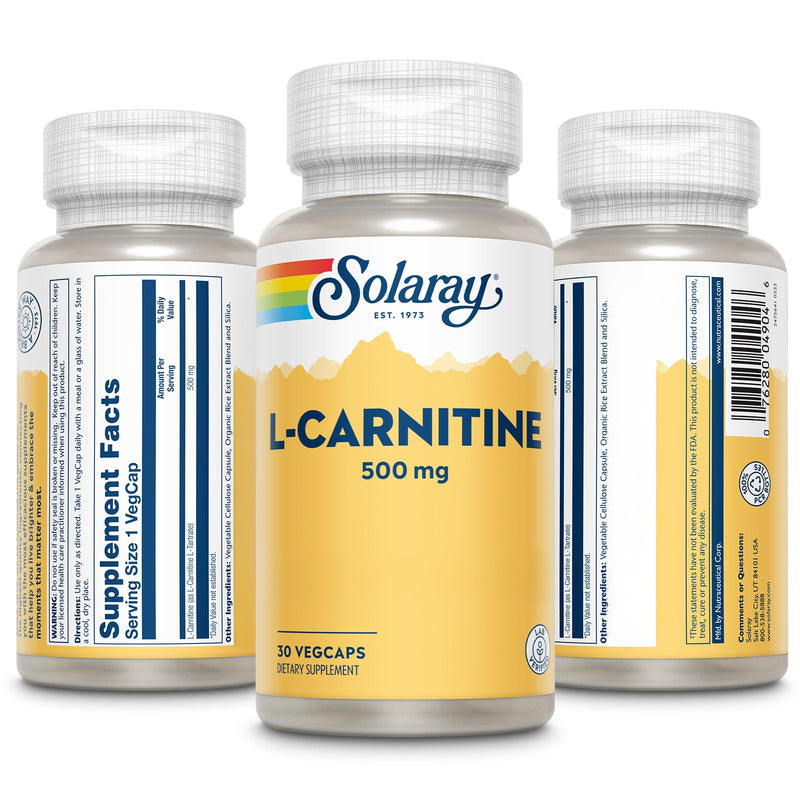 SOLARAY L-Carnitine 500 mg, Free Form Amino Acid, Lab Verified, GMP Facility, 60-Day Money-Back Guarantee, 30 Servings, 30 VegCaps