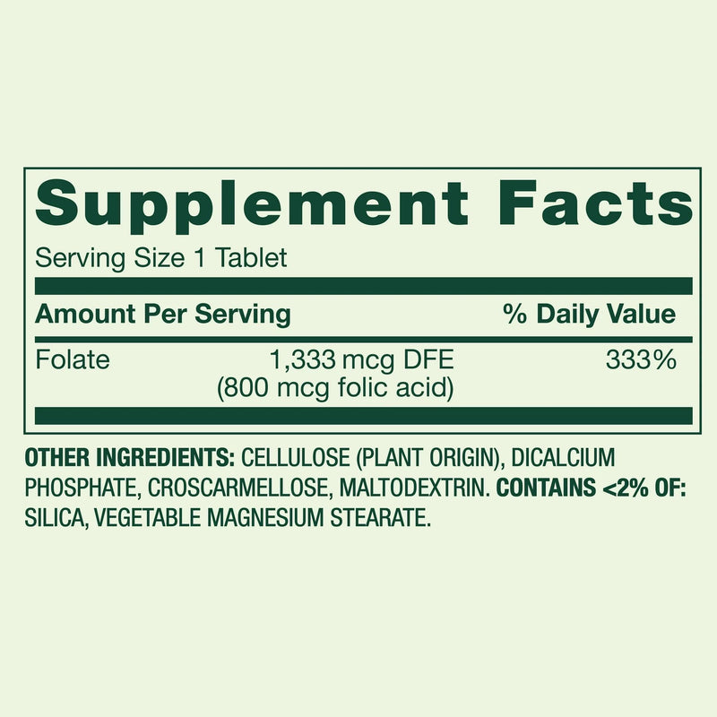 Folate 1,333 mcg DFE (Folic Acid 800 mcg), Dietary Supplement for Women’s Health, 400 Tablets + Quality Check Sticker