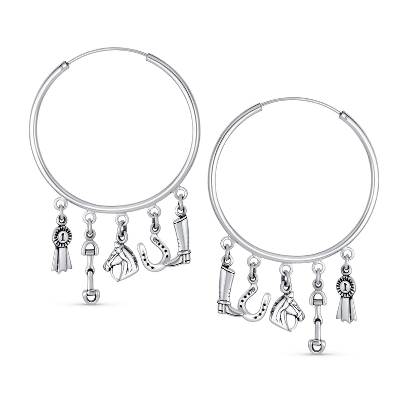 Western Jewelry Blue Ribbon Horse Riding Boot Horseshoe Dangle Multi Charms Cowgirl Equine Gift Equestrian Big Horse Hoop Earrings Bracelet Cuff Brooch Pin For Women Teen .925 Sterling Silver Silver A - BeesActive Australia