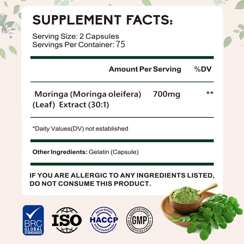 Moringa Oleifera Extract 700mg per Serving | 150 Capsules (75 Servings) | 30:1 Concentrate | Antioxidant Support for Energy & Immune Health | Non-GMO 150 Count (Pack of 1)