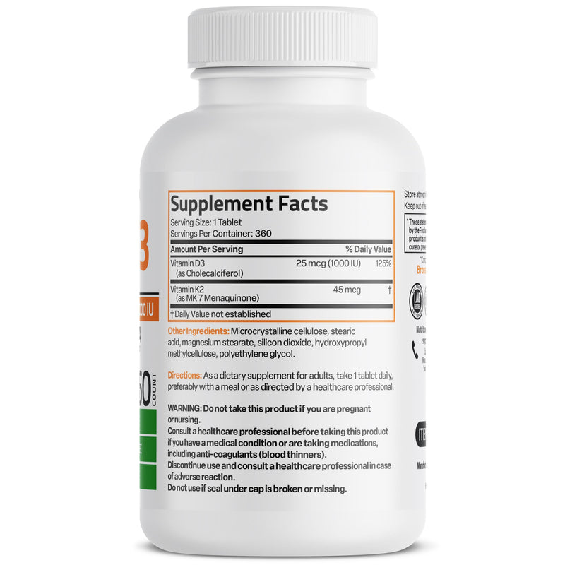 Bronson Vitamin K2 MK-7 45 mcg + D3 1000 IU (25 mcg), 360 Mini Tablets | Lower-Dose Daily Maintenance, Easy to Swallow, Bone Health Support, Non-GMO, Gluten-Free & Soy-Free 360 Count (Pack of 1)