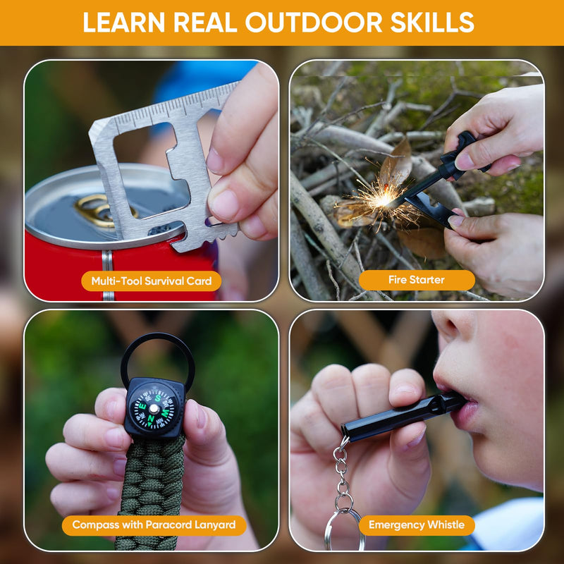 Kids Pocket Knife with Camping Survival Kit, Whistle, Fire Starter, Compass, Carabiners and Carrying Case, Easy Close Safety Lock on Knife. Outdoor Exploration Set for Kids - BeesActive Australia