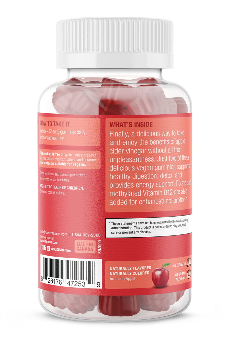 SUKU Appley Ever After Gummies – Apple Cider Vinegar with Methylated B12 & Folate – Sugar-Free, Gluten-Free, Vegan Detox & Energy Support – Amazing Apple Flavor – 50 Count