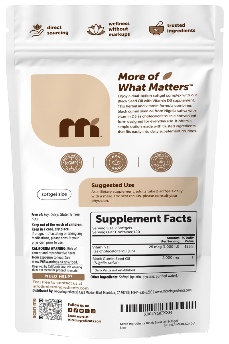 Micro Ingredients Black Seed Oil with Vitamin D3 1000 IU, 240 Softgels | 2,000 mg Black Seed Oil Per Serving | Nigella Sativa Oil | 2-in-1 Unrefined Seed Oil Formula | Non-GMO, cGMP Manufactured