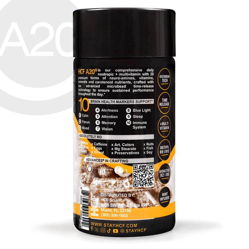 HCF A20 Microbead Brain Health Supplements for Adults for Memory, Focus, Calm, Mood, Alertness, Attention, Vision, Sleep, Immune System, 20 Premium Nootropic Nutrients Multivitamin & 7 Advances® Tech 90 Count (Pack of 1)