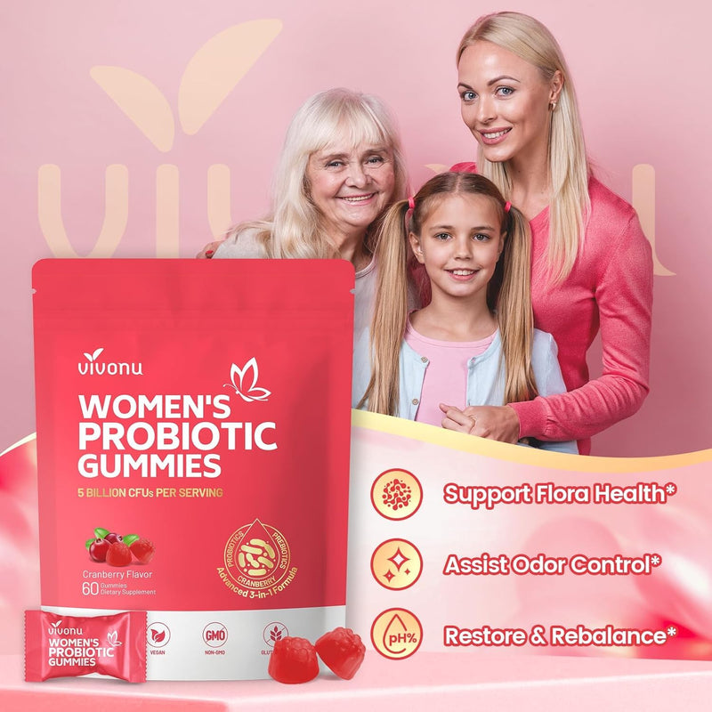 VivoNu Probiotics for Women, Women Probiotic Gummies, 500 Million CFUs | Fiber | Feminine Balance Gummies for Healthy Odour,Digestive Support and Gut Health+Vitamin C for Immune Support - 60 Gummies 60pcs/1bag-cranberry
