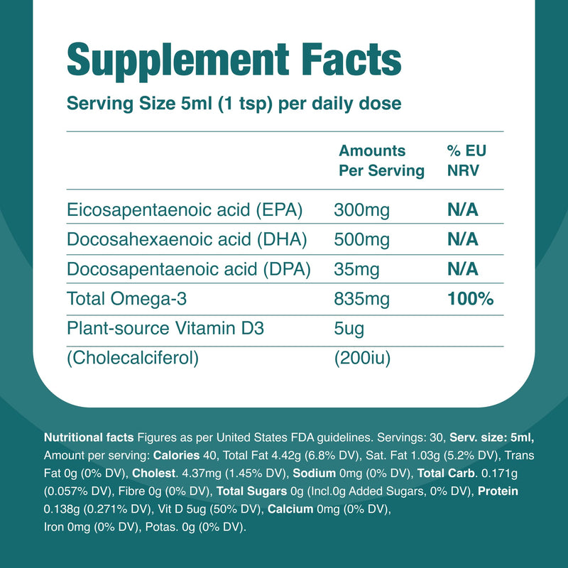 VEGETOLOGY Vegan Omega 3 Liquid, from Microalgae, 800mg of EPA DHA, with Vitamin D3, Supports Heart, Brain, and Eye Health, Natural Fish Oil Alternative, UK Made, Mild Orange Flavoured