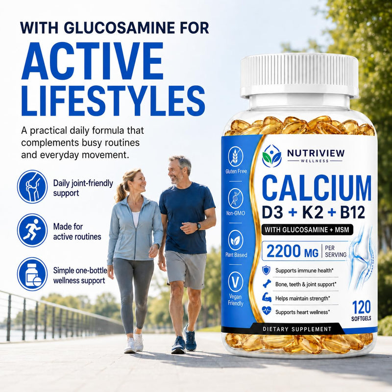 Nutriview Calcio D3 K2 B12 Softgels, 2200mg Calcium Supplement with Vitamin K2, D3, B12, Glucosamine &Chondroitin, Bone, Teeth & Muscle Function Support, Non-GMO, 120 Softgels