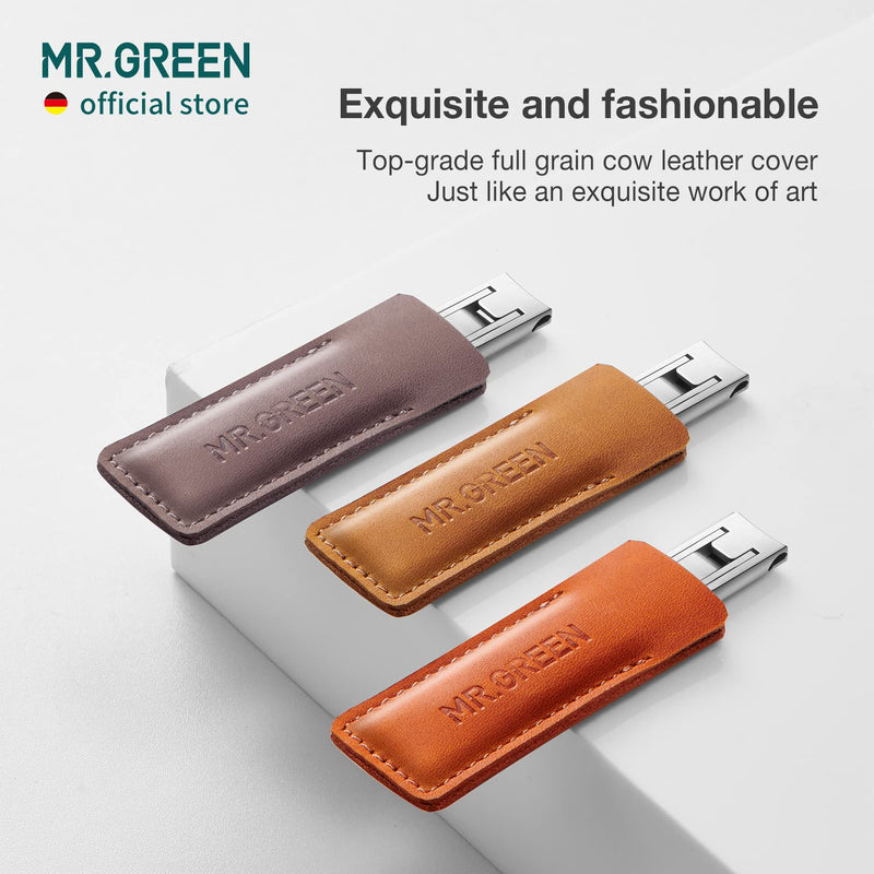 MR.GREEN Ultra Thin Nail Clippers German Precision Manufacturing Technology Nail Cutters with Cow Leather Cover Superior Texture (Light Grey) Light Brown - BeesActive Australia