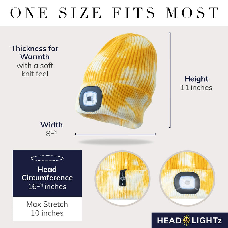HEAD LIGHTZ® Rechargeable LED Beanie Hat with Built-in Light – Hands-Free Lighted Cap for Running, Walking, Camping & Outdoor Use – Machine Washable, Unisex Yellow Tie Dye