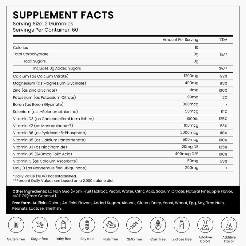Calcium Magnesium Zinc Gummies Supplements for Women, Calcium Citrate 1200 mg with Vitamin D3 & K2 for Adults, Chewable with Potassium Boron for Bone, Muscle & Immune Support, Sugar Free, Vegan