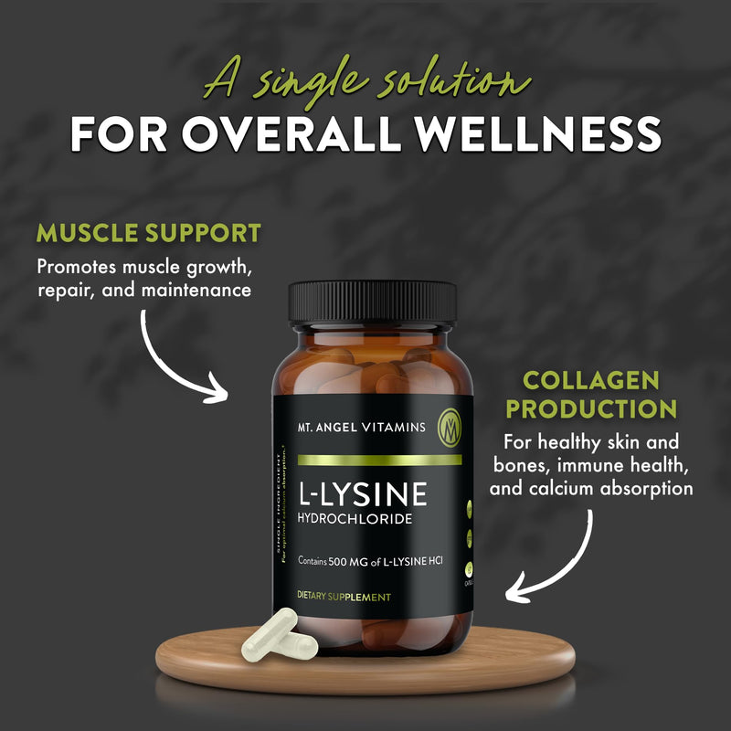 Mt. Angel Vitamins - Premium L-Lysine 500mg Capsules – Vegan-Friendly Essential Amino Acid – Supports Immune System & Collagen Formation – Non-GMO – 60 Capsules 60 Count (Pack of 1)
