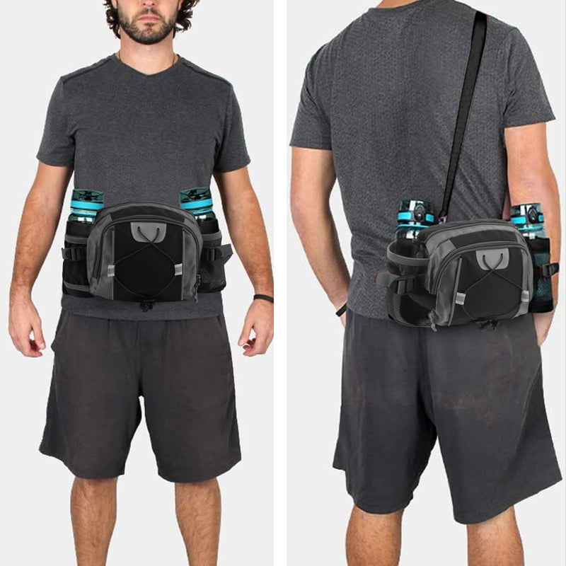 Fanny Pack with Water Bottle Holder, Large Waist Bag for Men Women with Adjusted Shoulder Strap, Waterproof Belt Bag for Dog Walking Hiking Running (Black)