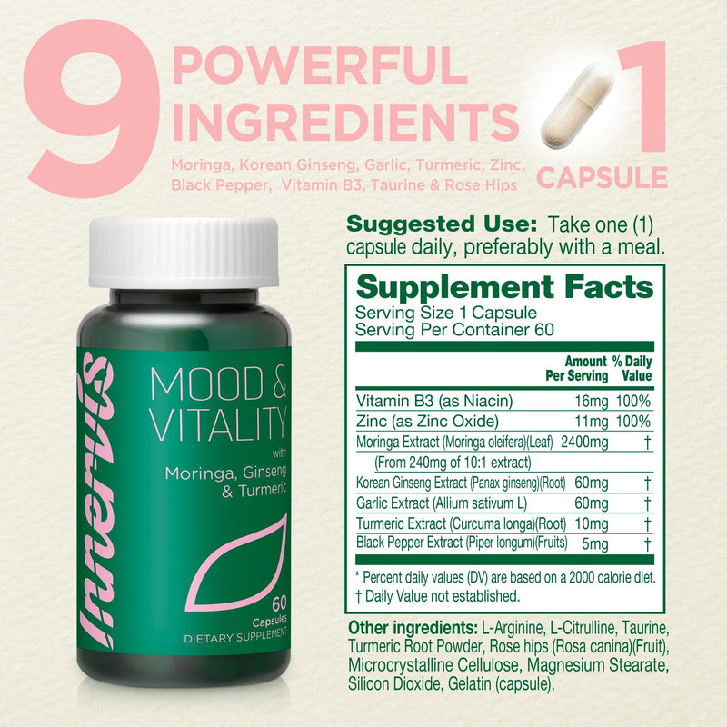 Mood & Vitality Supplement for Women – Energy, Focus & Balance | with Moringa, Korean Ginseng, Garlic, L-Arginine, L-Citrulline, Zinc & Vitamin B3 | 60 Capsules