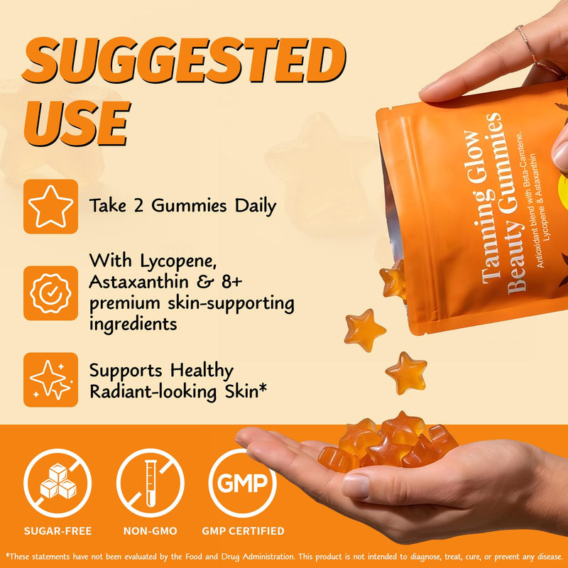 Tanning Gummies for Women, Tanning Gummies with Vitamin C & E, Astaxanthin, Beta Carotene & Lycopene Blend, Tanning Supplement Supports Healthy-Looking Skin, Sugar-Free, 60 Count