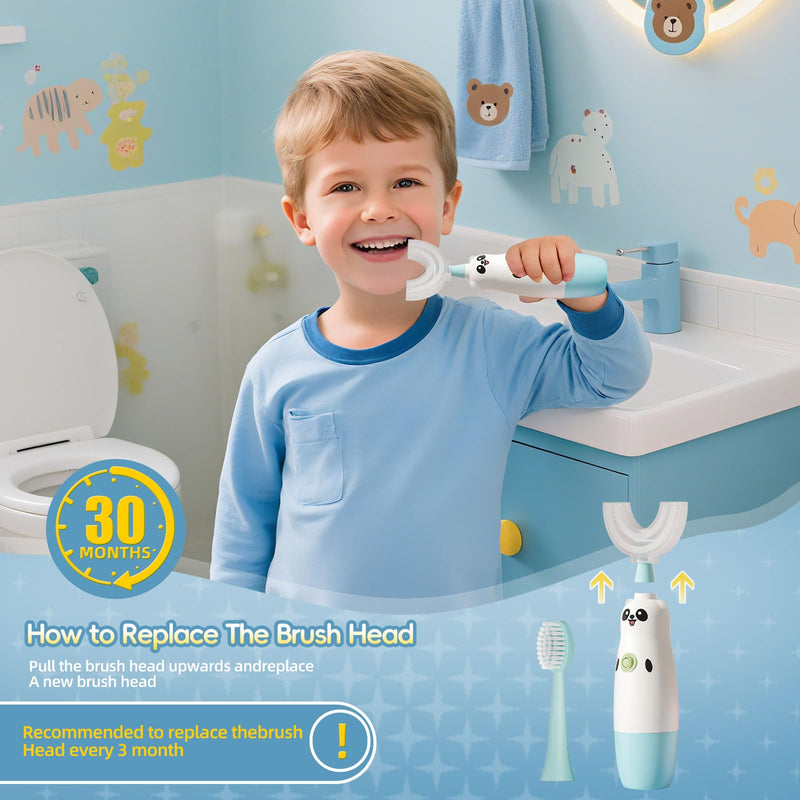 Kids U-Shaped Electric Toothbrush with 2 Brush Heads, Toddlers Sonic with 360 Degree Cleaning, Soft Bristles, Battery Included, IPX7 Waterproof, Cute cartoon for Girls and Boys, Ages 2-7 (Blue) 1 Count (Pack of 1) Age 2-7 Blue