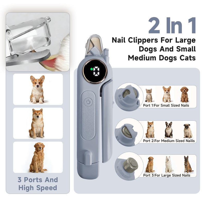 2-in-1 Dog Cat Nail Grinder & Clipper with LED Light, Pet Nail Clippers for Large Medium Puppy Dogs Ultra Quiet, Dog Cat Nail Trimmers with Splash Guard, Electric Dog Cat Claw Care File (Grey) Grey