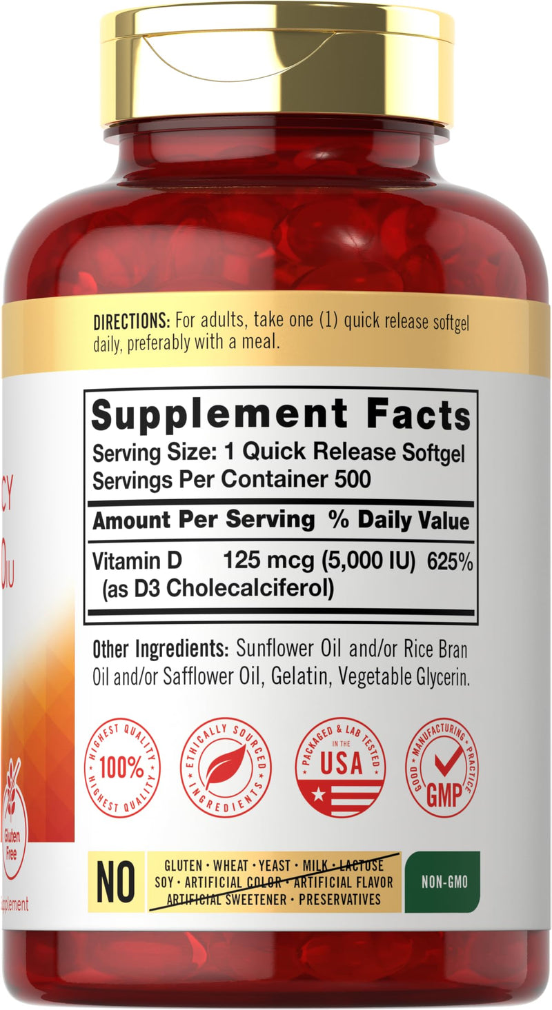 Carlyle Vitamin D3 5000 IU Softgels | 500 Count | Value Size | Non-GMO and Gluten Free Supplement | High Potency Formula | 125mcg 500 Count (Pack of 1) - BeesActive Australia