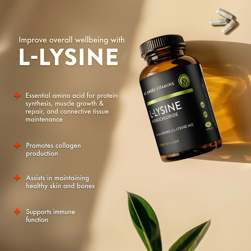 Mt. Angel Vitamins - Premium L-Lysine 500mg Capsules – Vegan-Friendly Essential Amino Acid – Supports Immune System & Collagen Formation – Non-GMO – 60 Capsules 60 Count (Pack of 1)