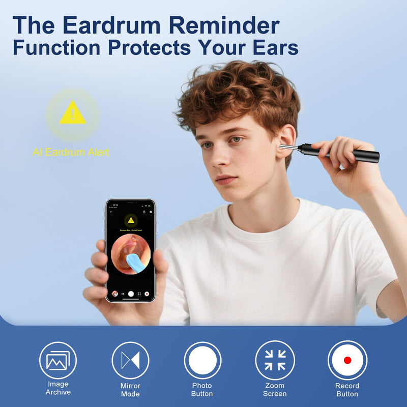 AI Eardrum Alert, AI Ear Wax Removal Kit, 1080P HD Camera with 6-Axis Gyroscope, Waterproof Lens, 230mAh Battery, Earwax Removal Tool with 8 Pcs Ear Set, Otoscope Camera for iOS & Android (Black) - BeesActive Australia