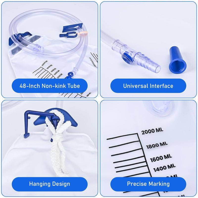 3 Pack 2000ml Sterile Urinary Drainage Bags with Anti-Reflux Chamber, Urine Bag with 48" Drainage Tube for Men and Women, Overnight Bedside Disposable 3 Pack 2000ML