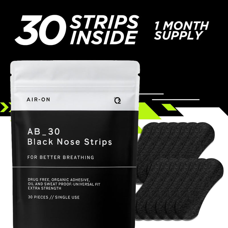 AIR-ON Performance Nose Strips | Nasal Strip for Breathing, Less Snoring & Sleeping Relief | Extra Strength, Wide Body | Drug-Free Adhesive, Athletic Support, Sweat & Oil Proof - Black (30 Pieces) - BeesActive Australia