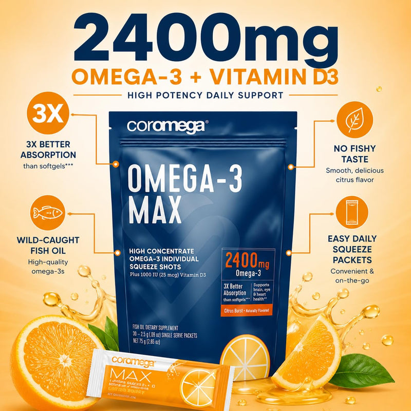 Coromega - MAX Omega-3 Fish Oil + Vitamin D - 30 Packets - Citrus Burst | 2400mg Omega-3s, Wild-Caught Fish Oil, 3X Better Absorption Than Softgels, No Fishy Taste, Daily Squeeze Packets 1 Fl Oz (Pack of 1)