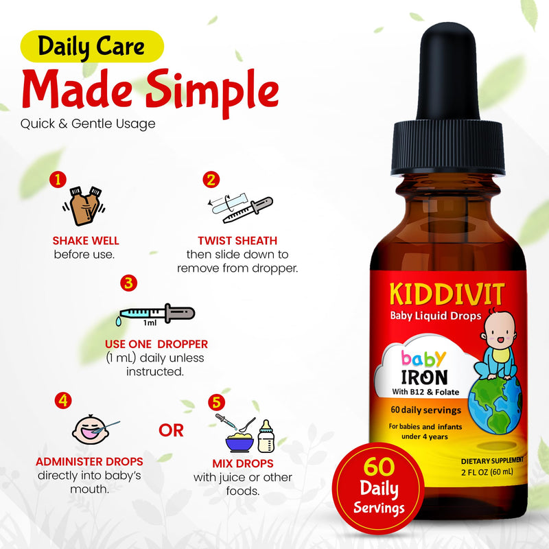 Baby Iron Liquid Drops with Vitamin B12 & Folate – Gentle Iron Support Supplement – 60 Daily Servings, Inulin Fortified Prebiotic Fiber – Sugar Free, Gluten Free, Vegetarian, 2oz