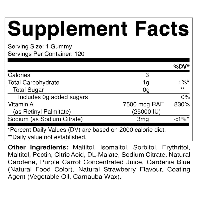 Vitamatic Sugar Free Vitamin A 25000 IU Gummies (Retinyl Palmitate) - Natural Strawberry Flavor - 120 Pectin Based Gummies (1 Bottle) 1 Bottle - BeesActive Australia