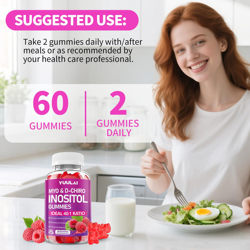 Myo-Inositol & D-Chiro Inositol Gummies, 40:1 Ratio Inositol Supplement with Vitamin D3, Magnesium Glycinate, Folate & Zinc, for Female Health & Wellness, Raspberry Flavor, 60 Count 60 Count (Pack of 1)
