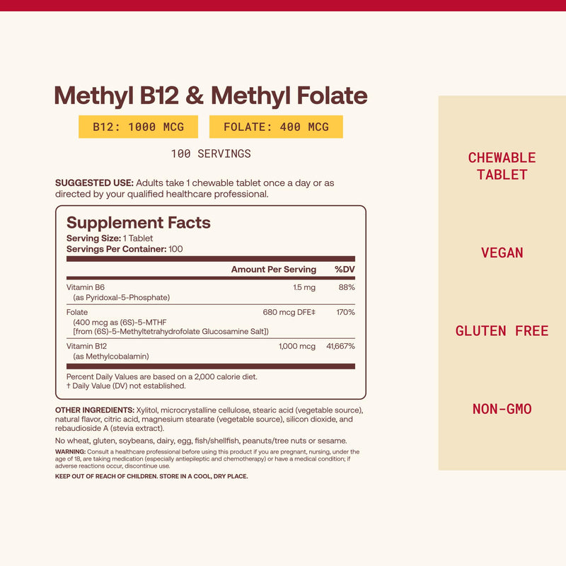 Jarrow Methyl B-12 & Methyl Folate Supplement, 100 Chewable Tablets | Bioactive Vitamin B12 & B9 Supplement, Supports Cellular Energy Production, Healthy Brain Function & Metabolism, 100 Servings 100 Count (Pack of 1)