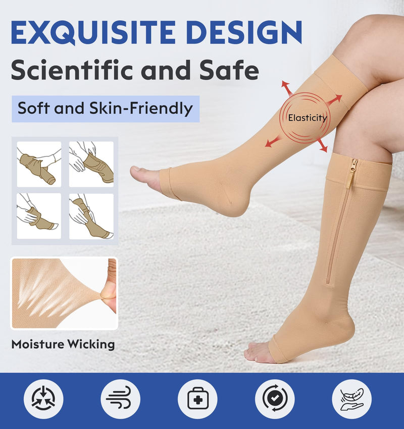 KEKING® Zipper Compression Socks for Men Women, Open Toe, 20-30mmHg Firm Support Knee High Zipper Compression Stockings for Wide Calf - Varicose Veins, DVT, Shin Splints, Edema, Nursing, Beige XXL XX-Large Open Toe Beige - BeesActive Australia