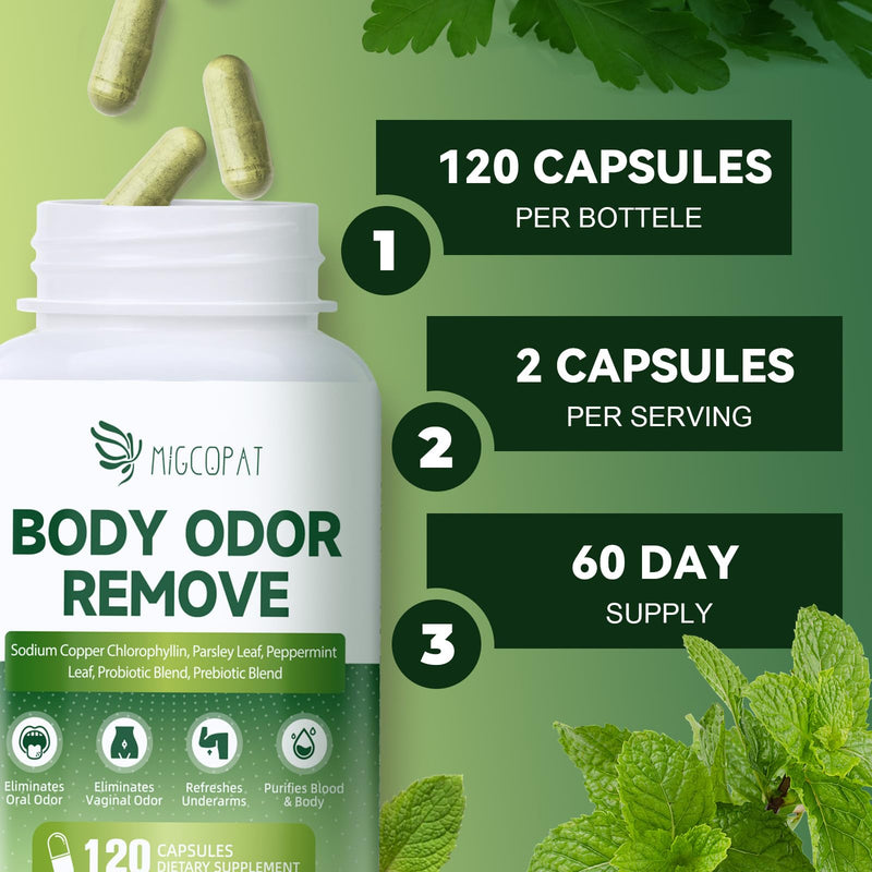 Chlorophyll Body Deodorizing Supplement, Chlorophyll Capsules with Parsley & Peppermint, Probiotic, Green Tea, Jerusalem Artichoke, Prebiotic, Supports Fresh Breath & Whole-Body Freshness, 120 Caps 120 Count (Pack of 1) - BeesActive Australia