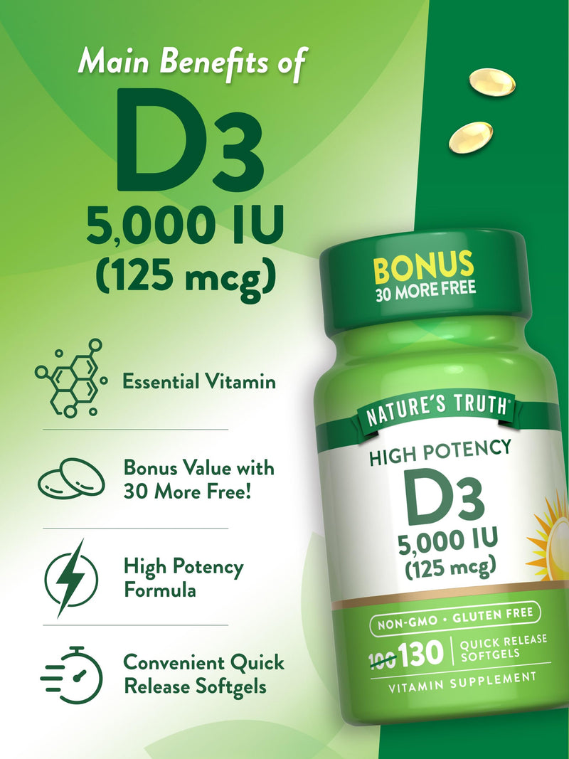 Nature's Truth Vitamin D3 5000 IU Softgels 130 Count | High Potency Vitamin D | Non-GMO, Gluten Free 130 Count (Pack of 1)
