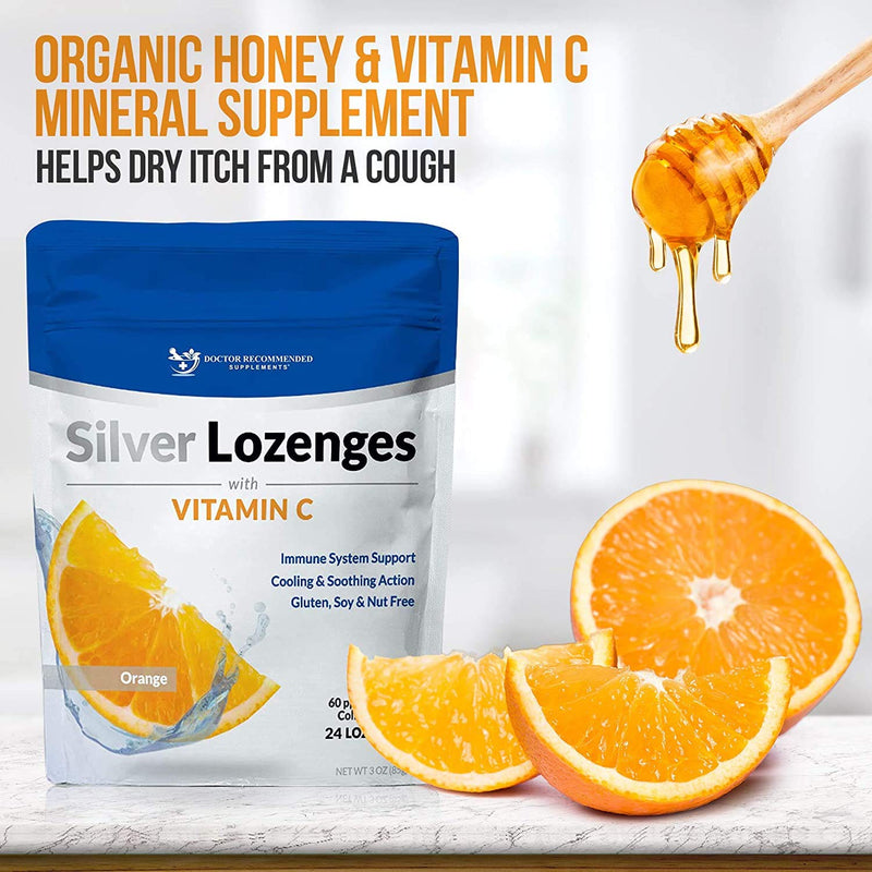 Silver Lozenges with Vitamin C - Premium Nano Silver 60 PPM Colloidal Silver, Organic Honey and Vitamin C Mineral Supplement Drops to Support Immune System, Soothe Cough & Throat - Pack of 4 Orange 24 Count (Pack of 4)