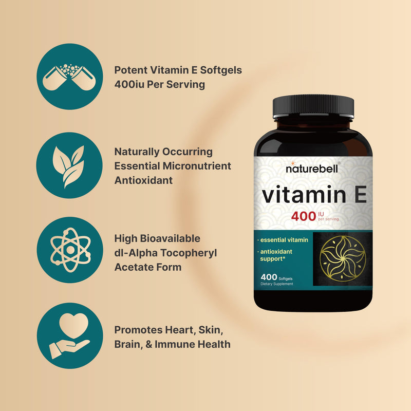 NatureBell Vitamin E Oil Softgels, 400iu Per Serving, 400 Pills | Essential Antioxidant Supplements, Easily Absorbed Form ‚Äì Supports Skin, Heart, & Immune Health ‚Äì Non-GMO - BeesActive Australia