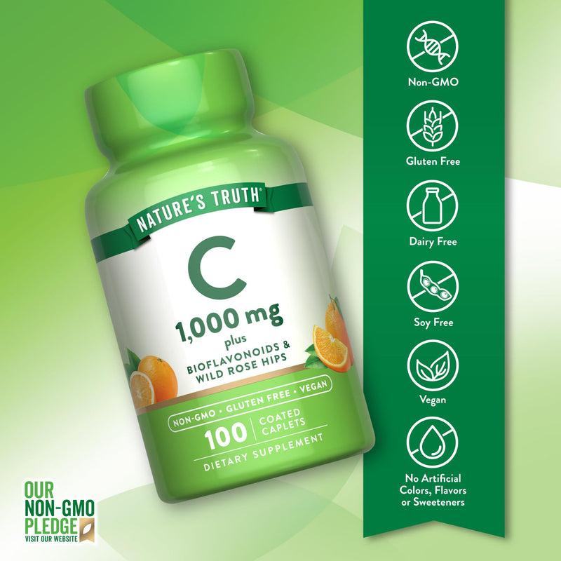 Nature's Truth Vitamin C Bioflavonoids & Rose Hips | 1000mg | 100 Caplets | Vegan, Non-GMO and Gluten Free Supplement