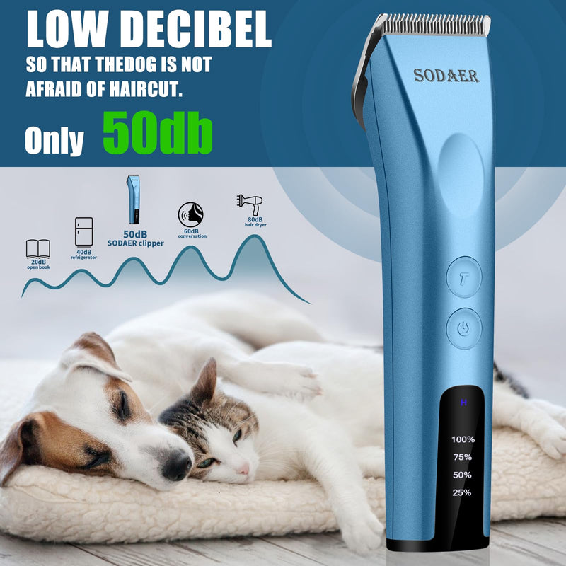Professional Animal Pet Dog Cat and Horse Cordless Hair Clipper Grooming Kit with 5 in 1 Blade Low Noise & High Power Rechargeable Cordless Pet Grooming Clipper for for Thick Heavy Coats (blue) Blue - BeesActive Australia