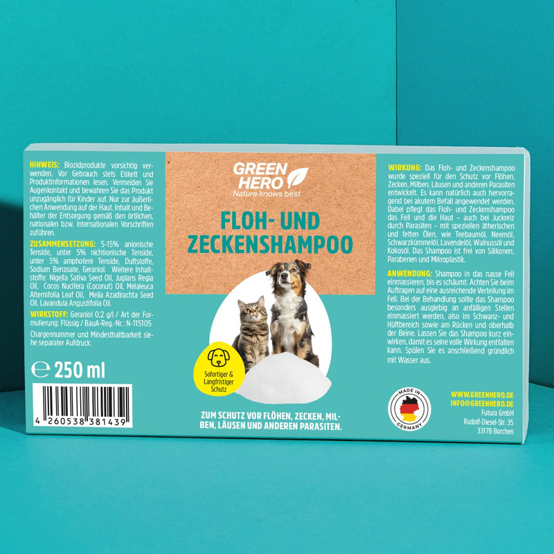Green Hero flea and tick shampoo for dogs and cats protects against fleas, ticks, mites, lice and parasites 250ml dog shampoo and cat shampoo without silicones, parabens and microplastics - BeesActive Australia