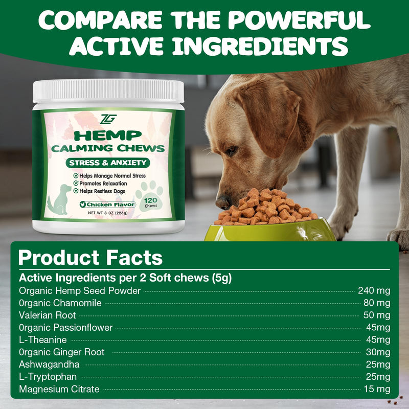 Calming Chews for Dogs - Effective for Separation, Barking & Composure, Natural Ingredients, Chicken Flavor 120 Soft Chews