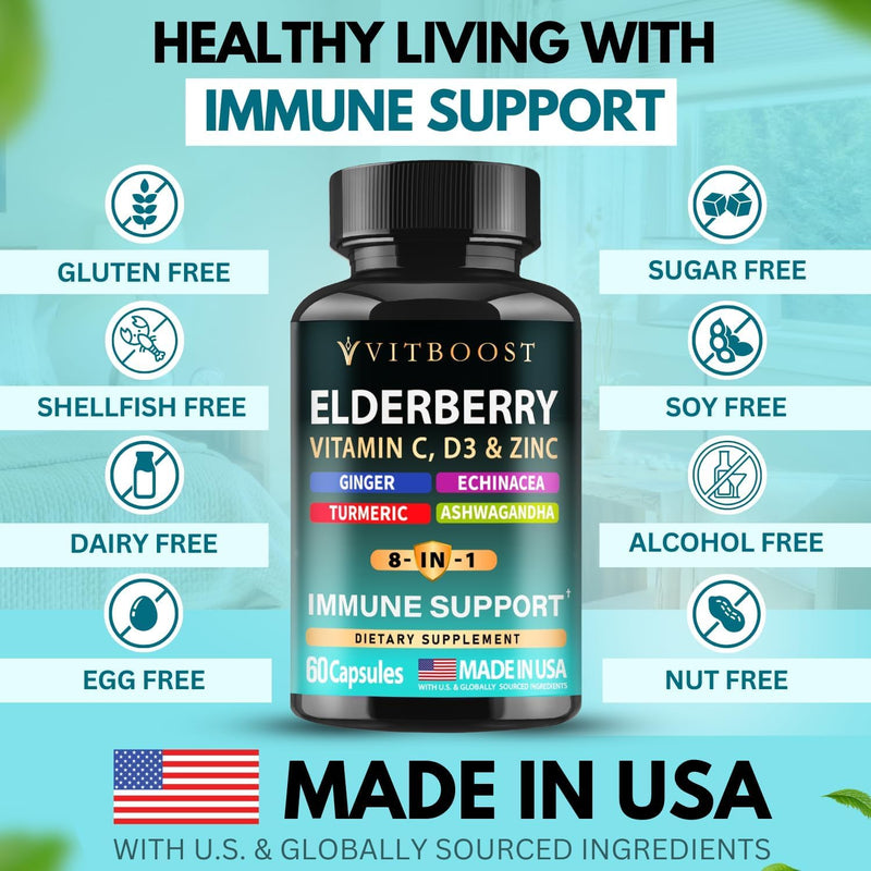 Immune Support Supplement 8 in 1 with Vitamin D 5000 IU - 2 Pk 60 CT Each | 8-in-1 Formula with Echinacea, Vitamin C & Zinc, Vitamin D 5000 IU, Turmeric, Ginger, Ashwagandha 60 Count (Pack of 2)