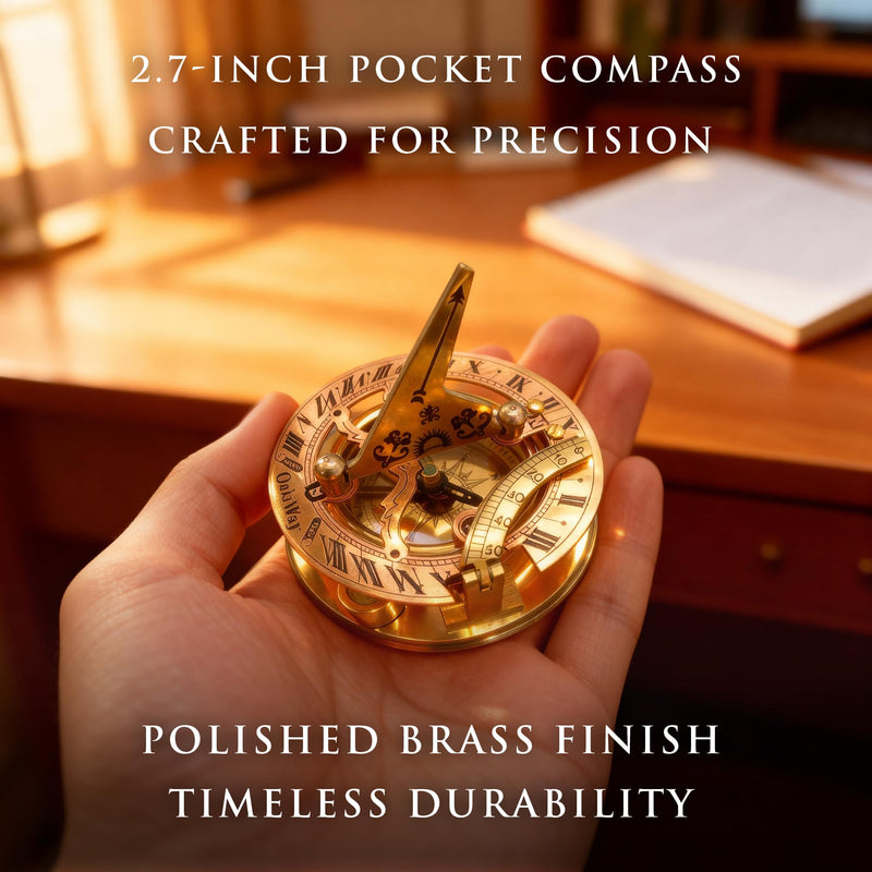 OakiWay Brass Sundial Compass in Leather Case - Nautical Gifts for Men, Antique Sailing Anniversary Gadget for Him, Unusual Unique Nautical Decor, Naval Maritime Pocket Watch Clock (2.7" Inch) 2.7" Inch Diameter