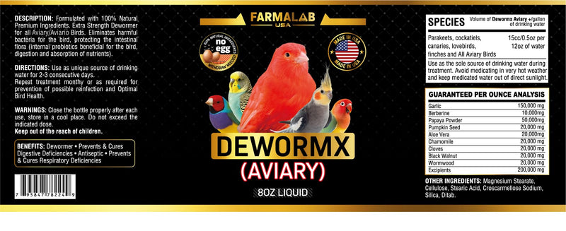 Farmalab Natural Dewormer No Withdraw Hens, Ducks, Roosters, Turkeys, Goose, Parakeets, Cockatiels, Lovebirds, Finches, Quakers, Pigeons, Palomas, Buchones, All Baby Chicks (8oz, Caged Birds Aviary) 8 Fl Oz (Pack of 1)