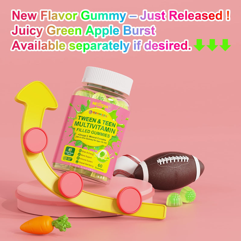 Nextdia Multivitamin Filled Gummies for Teen Boys Girls 12-17, 18, 19, Kids 10+ Multivitamin with Omega 3, Calcium + Magnesium + Zinc, Multi-Minerals for Adolescent 10-19S Brain, Bone, Energy, Immune 60 Count (Pack of 1)