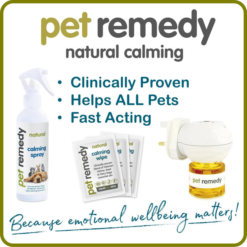 Pet Remedy Natural Calming for All Pets. Extra Value Starter Kit. 120 day diffuser, 75ml Calming Spray, 12 x Calming Wipes.