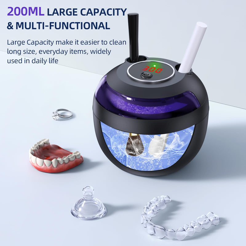 Dental Ultrasonic Retainer Cleaner Machine, 45kHz Ultrasonic Denture Cleaner with 200ML Capacity & 4 Modes for Dental Cleaning Pod, Aligners, Mouthguards, Retainers, Jewelry Black - BeesActive Australia