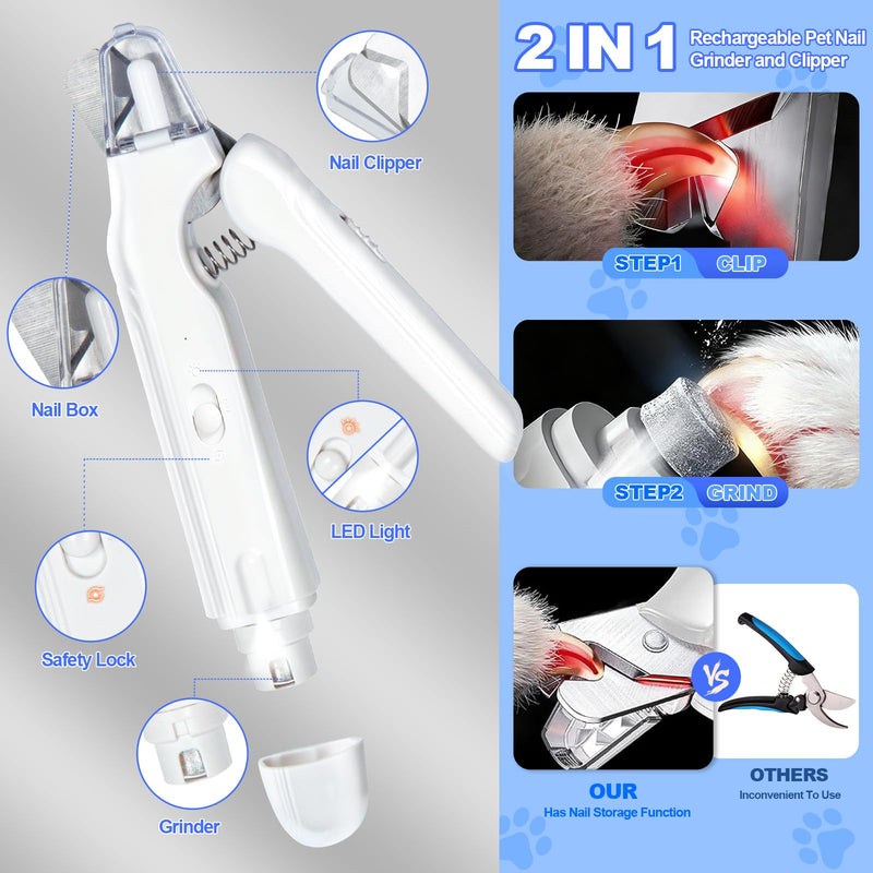 2-in-1 Dog Nail Clippers with Light - Electric Pet Nail Grinder Quiet for Small Large Dogs & Cats, LED Prevent Over Cutting, USB-C Rechargeable Safety Guard Grooming Kit for Black Nails 1PCS - BeesActive Australia