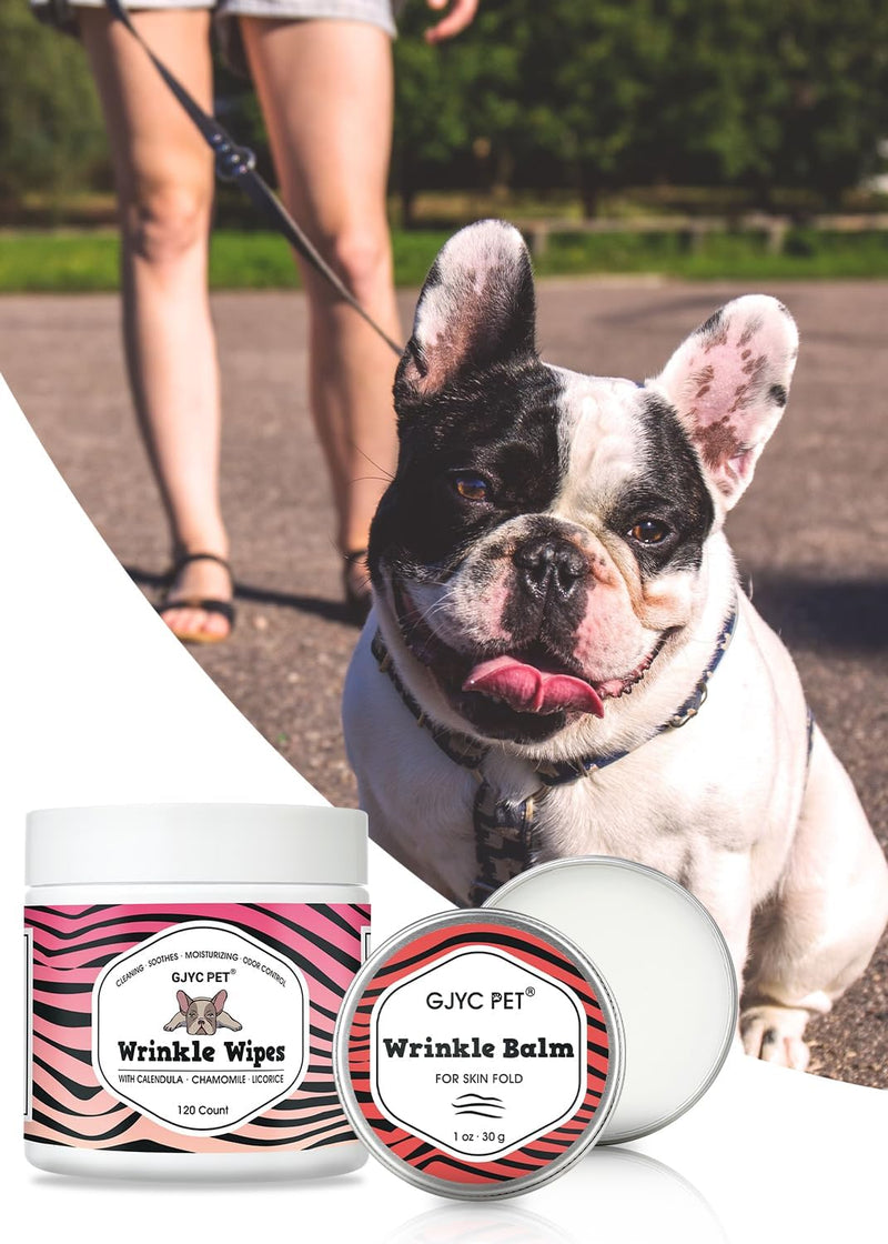 Wrinkle Wipes + Wrinkle Balm for Dogs | Bulldog, French Bulldog, Pug, English Bulldog | Cleans & Soothes Wrinkles, Folds, Tear Stain, Tail Pockets & Paws wrinkle set(wipe+balm)