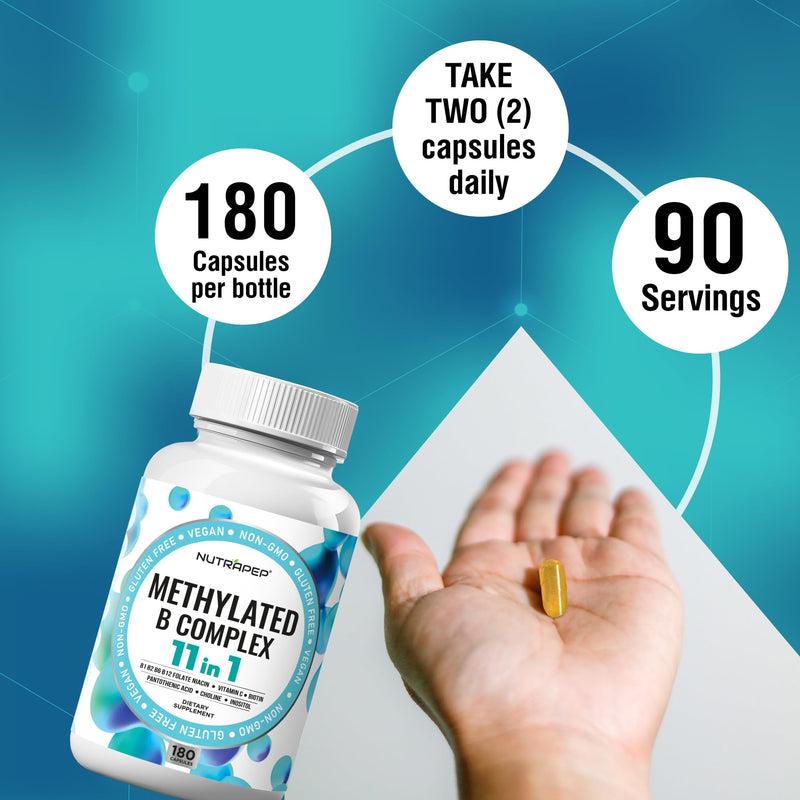NutraPep Methylated B-Complex Vitamins Complete Methyl Multivitamin 2-Pack | Bioactive B9 5-MTHF B6 B12 MTHFR Support Supplement for Brain Heart Energy - Vegan Gluten Free Sugar Free 180 Count (Pack of 2)